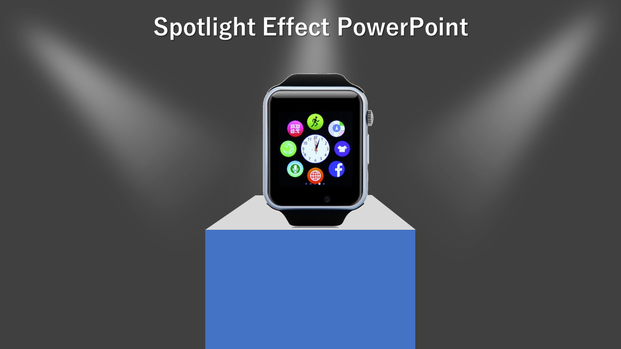 Smartwatch with colorful app icons displayed on a blue podium, illuminated by three spotlights, on a gray background.