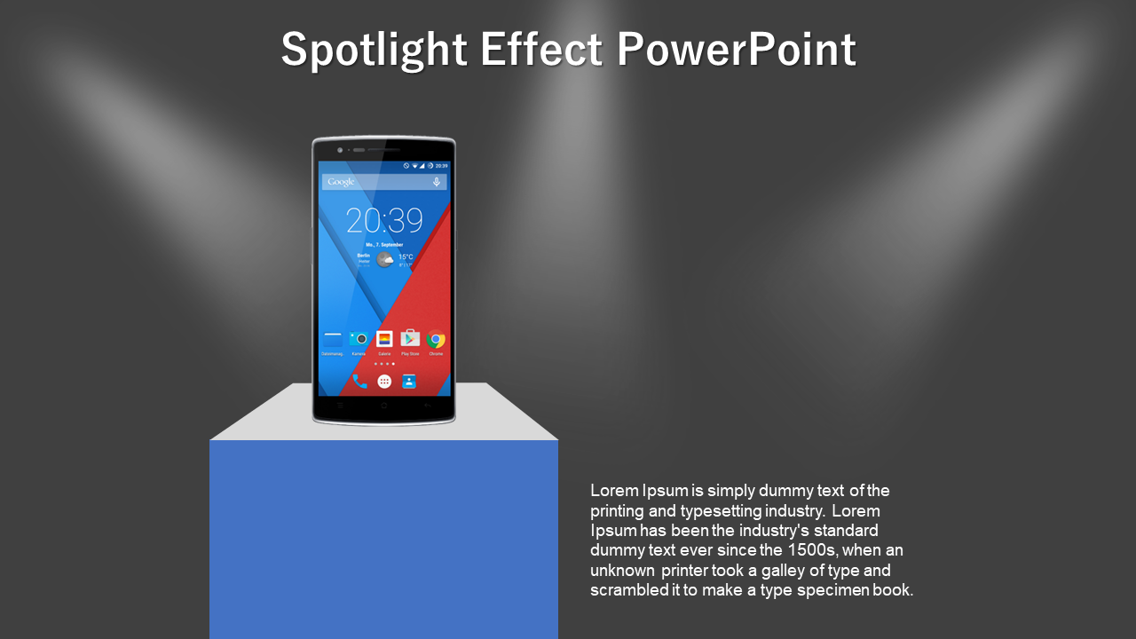 Smartphone displayed on a blue podium under three spotlights, with descriptive text to the right, on a gray background.