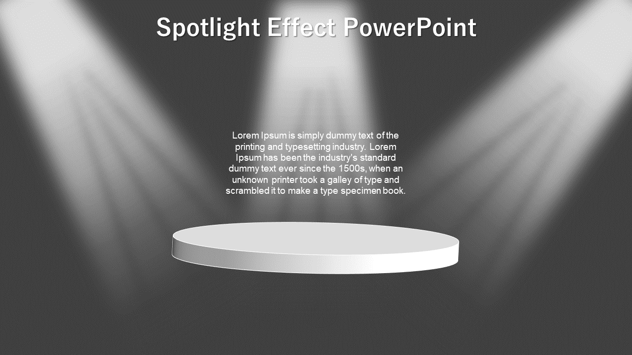 Three overhead spotlights focus on a white circular 3D platform and text above, on a dark gray background.