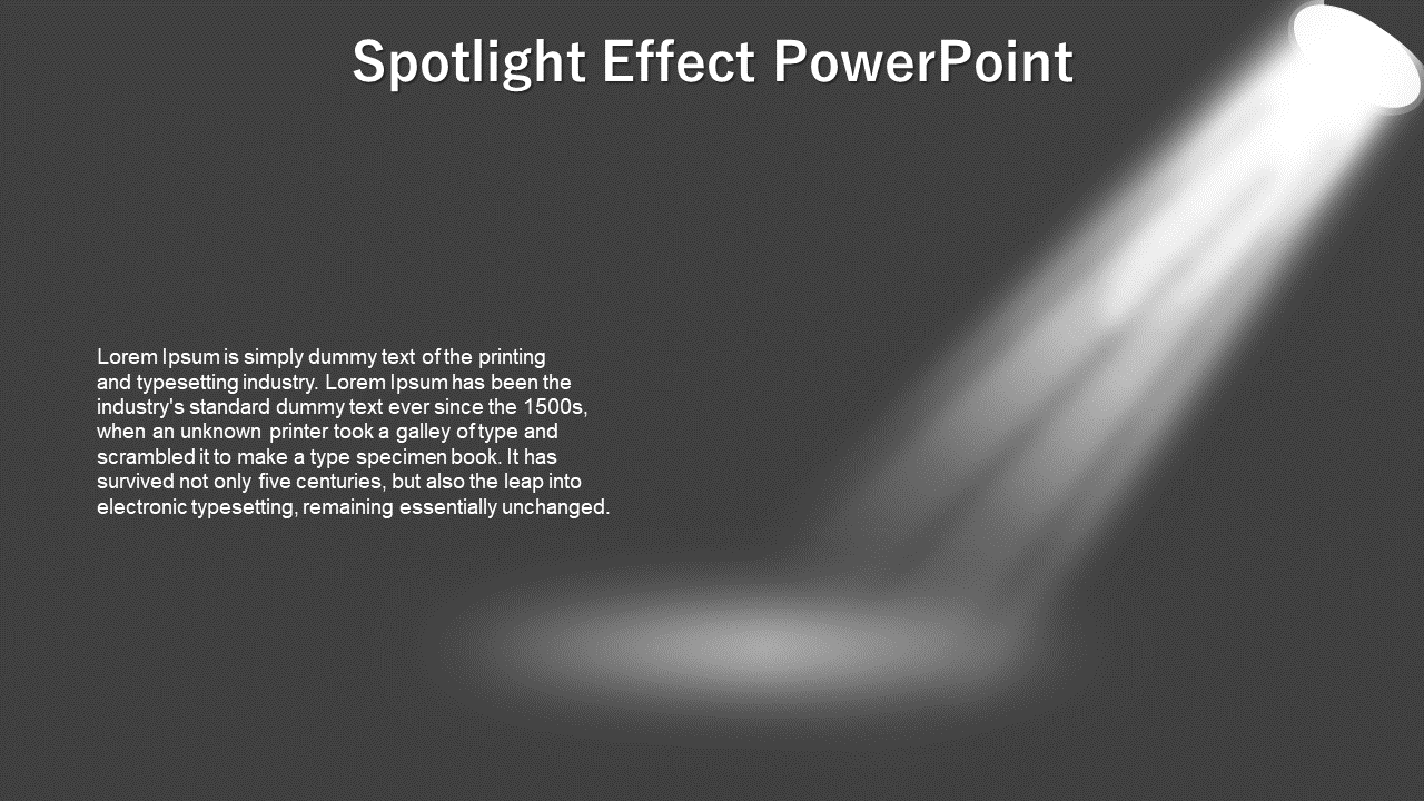 Angled spotlight from top right shines onto a blank space and white text block aligned left on a dark gray background.