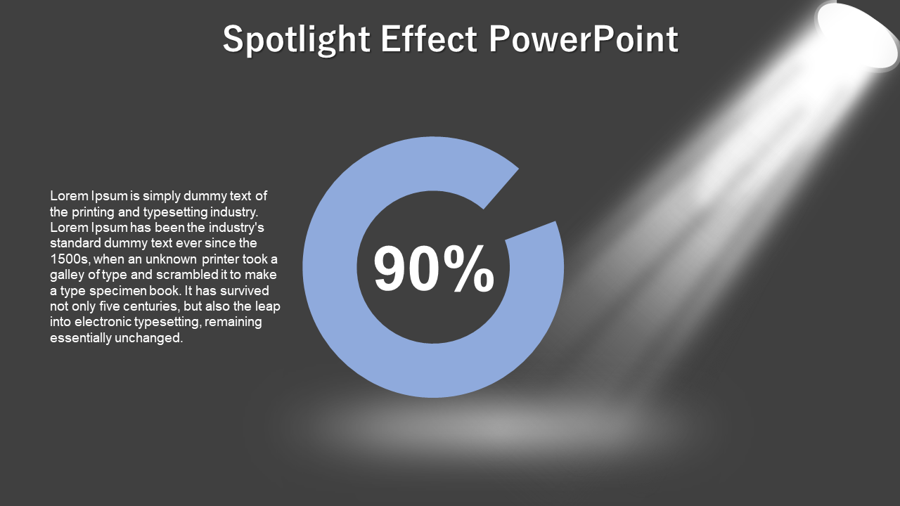 Spotlight beam from top right highlights a blue circular progress chart showing percentage, with text on the left side.