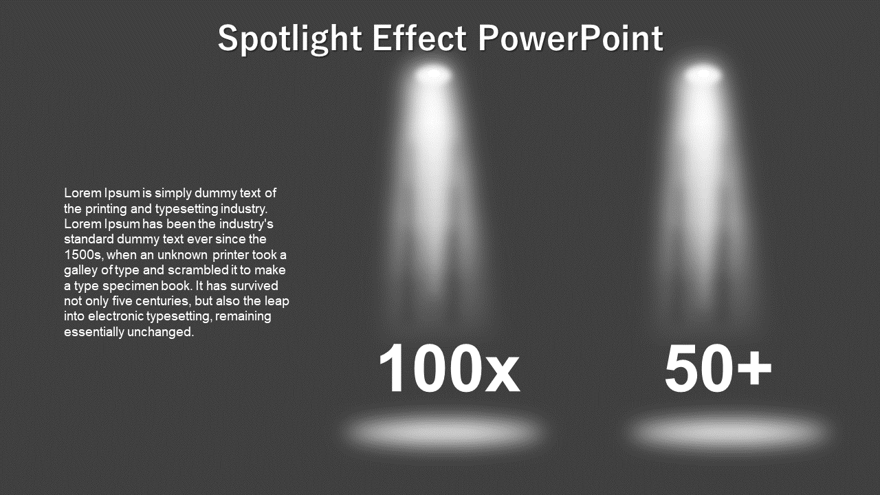 Center aligned dual spotlight beams highlighting bold white numbers, with text on the left, set against a gray backdrop.