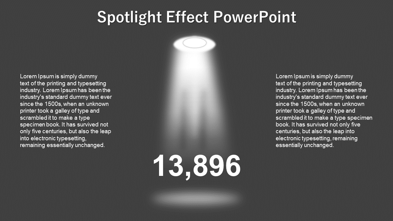 Centered white spotlight shines on a large number, surrounded by left and right aligned text, all on a dark gray background.