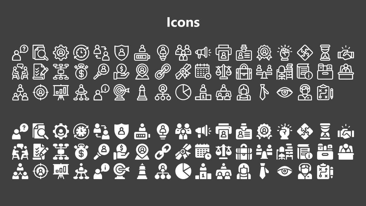 Slide displays paired icon styles in outline and solid white organized into two balanced sections on a gray canvas.