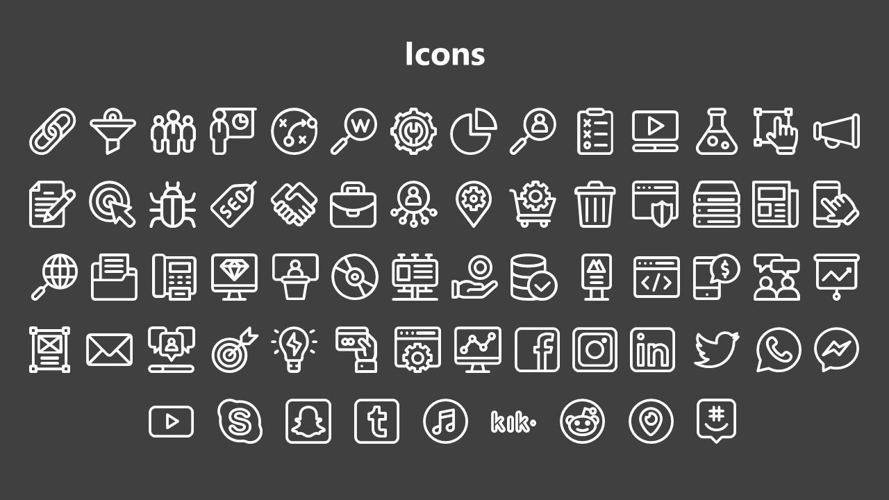 Grid layout of outlined white business and social media icons on a gray background, centered under a heading.