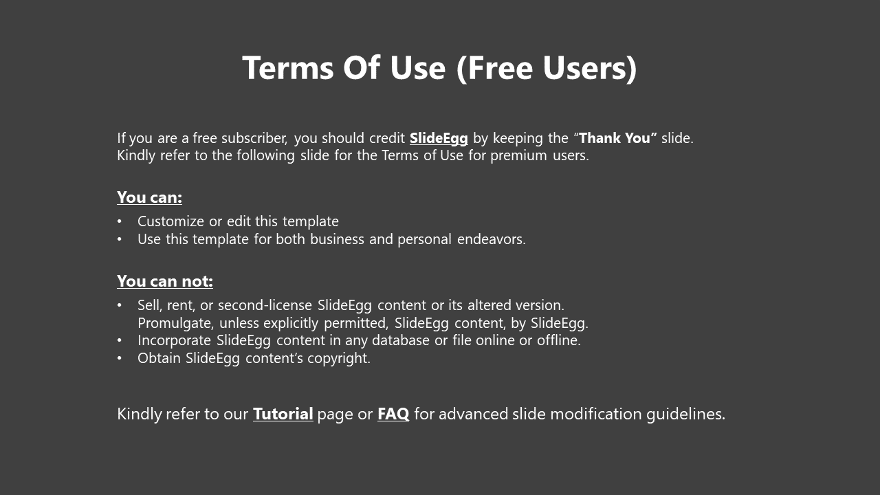 Terms of use slide for free users featuring two sections of content, clear headers, and bullet points, on a gray background.