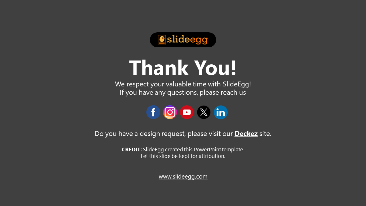Gray slide with centered white thank you text and colorful social media icons and a footer link at the bottom.