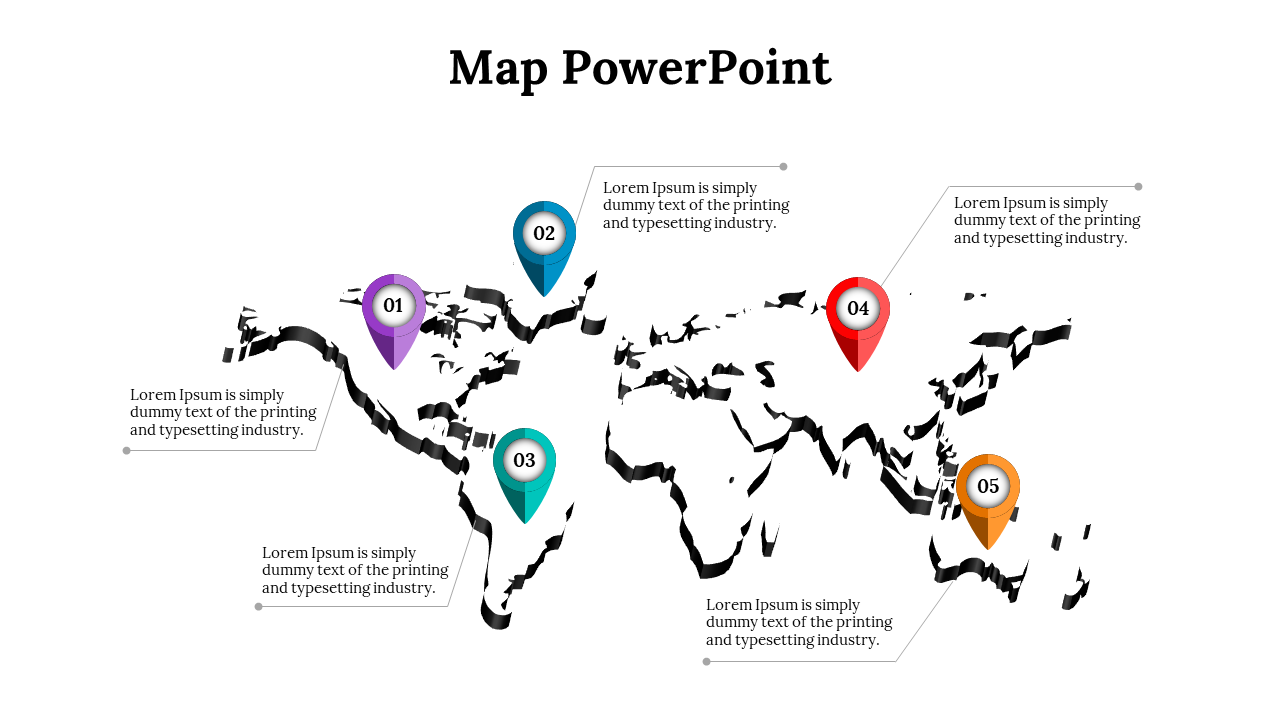 Black and white world map with five colorful numbered markers in purple, blue, teal, red, and orange, each with text.
