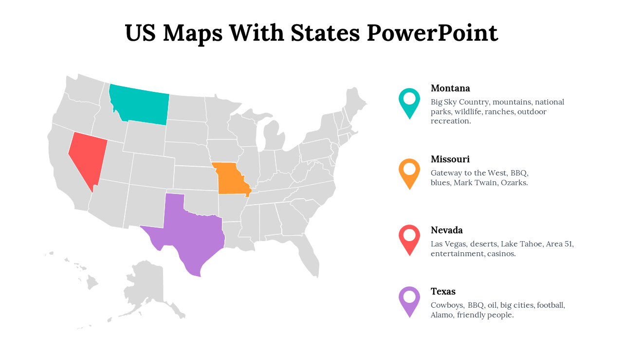 Gray U.S. map showing selected states in teal, orange, red, and purple with matching location pins and text on the right.