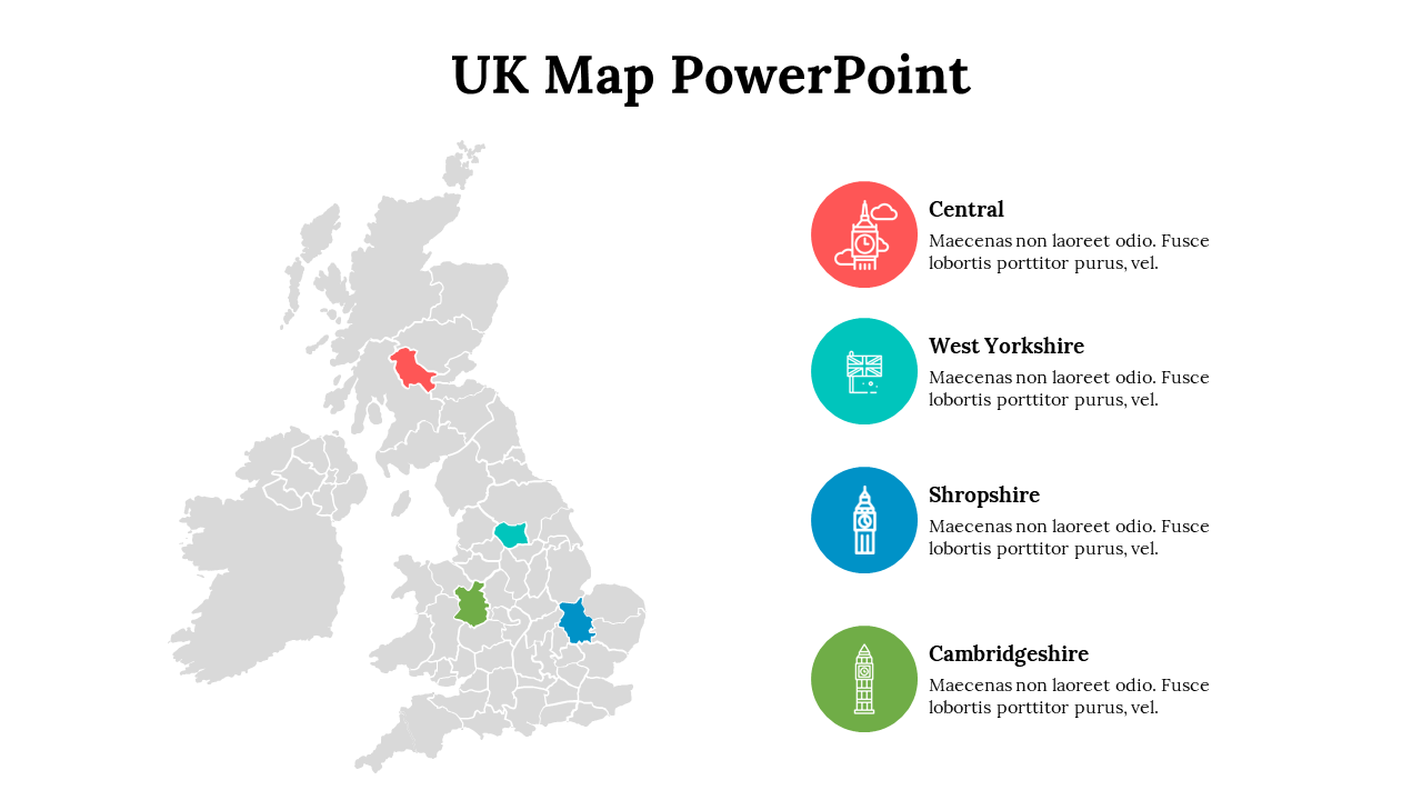 UK map with four highlighted regions in red, teal, blue, and green, each matched with labeled icons and text on the right.