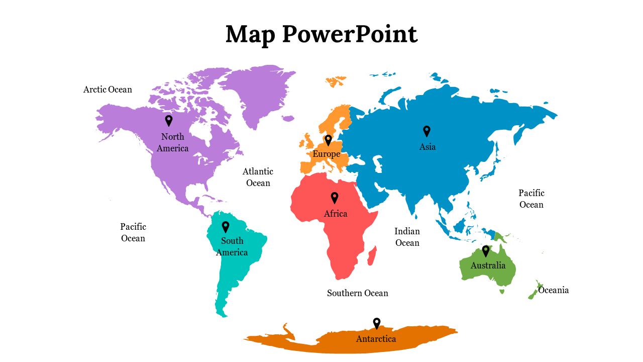 World map with continents in bold colors and labeled oceans with black location pins mark each region.