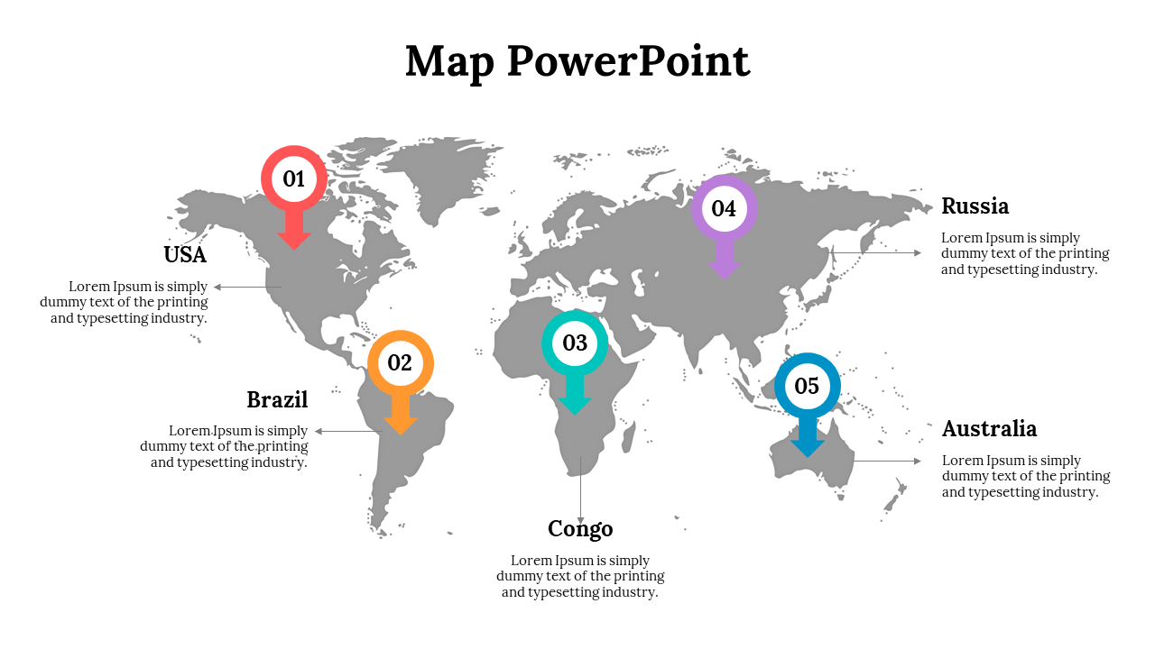 Gray world map with colorful numbered arrow pins on five countries in red, orange, teal, purple, and blue.