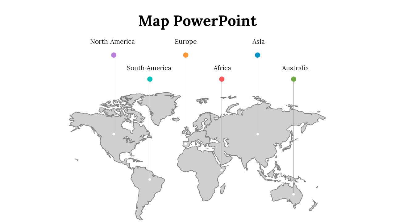 Gray world map with labeled colored dots marking six continents in purple, teal, orange, red, blue, and green.