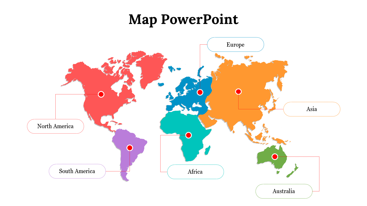 World map with each continent in a different color and red pins marking locations with labeled callout boxes.
