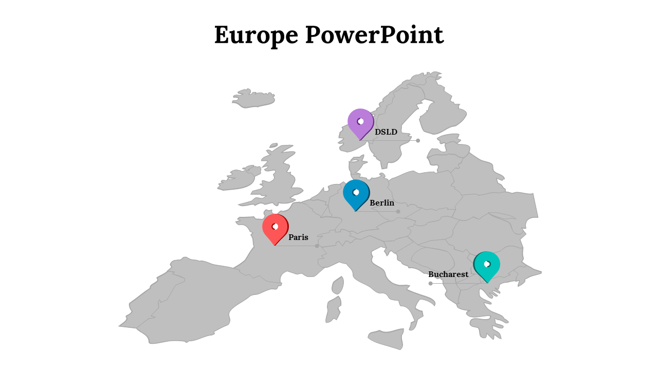 Gray Europe map with colored location pins in red, blue, teal, and purple, marking major cities, on a white background.