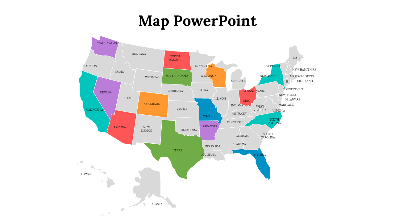 S. map with selected states in bright colors like red, teal, green, blue, orange, and purple and others remain in light gray.