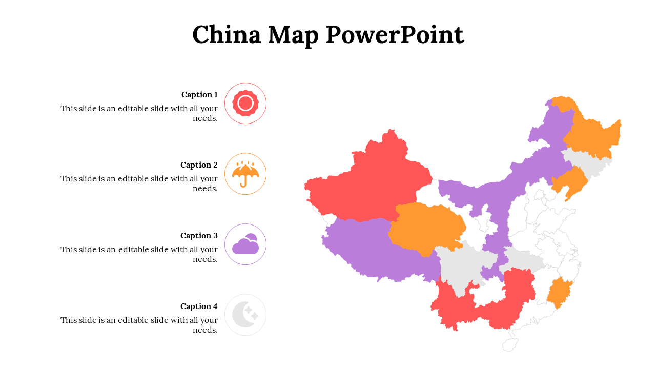 China map with selected provinces in red, orange, purple, and gray, with four circular icons with captions align to the left.