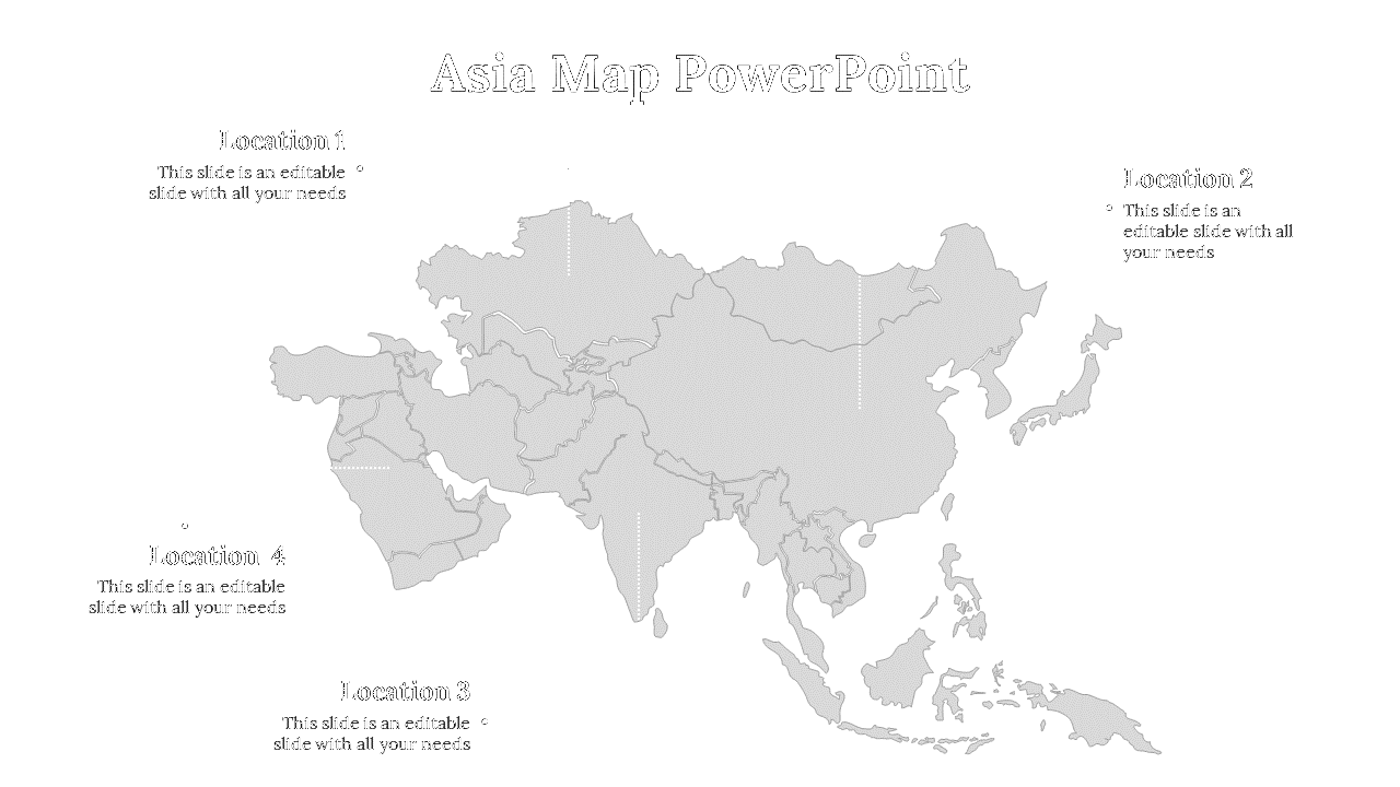 Gray Asia map with four dotted lines pointing to black location labels at corners, each with text space.