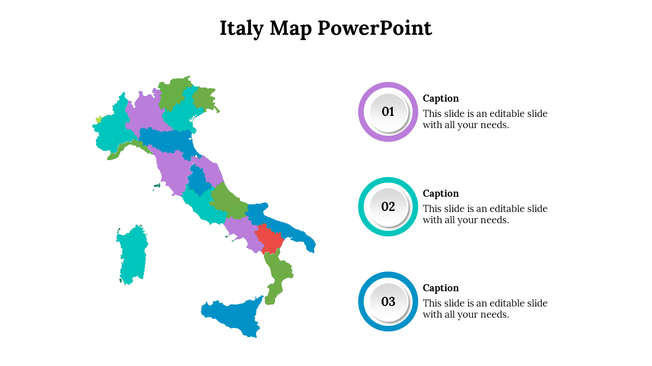 Multicolor Italy map with distinct region borders and three numbered captions in purple, teal, and blue circles.