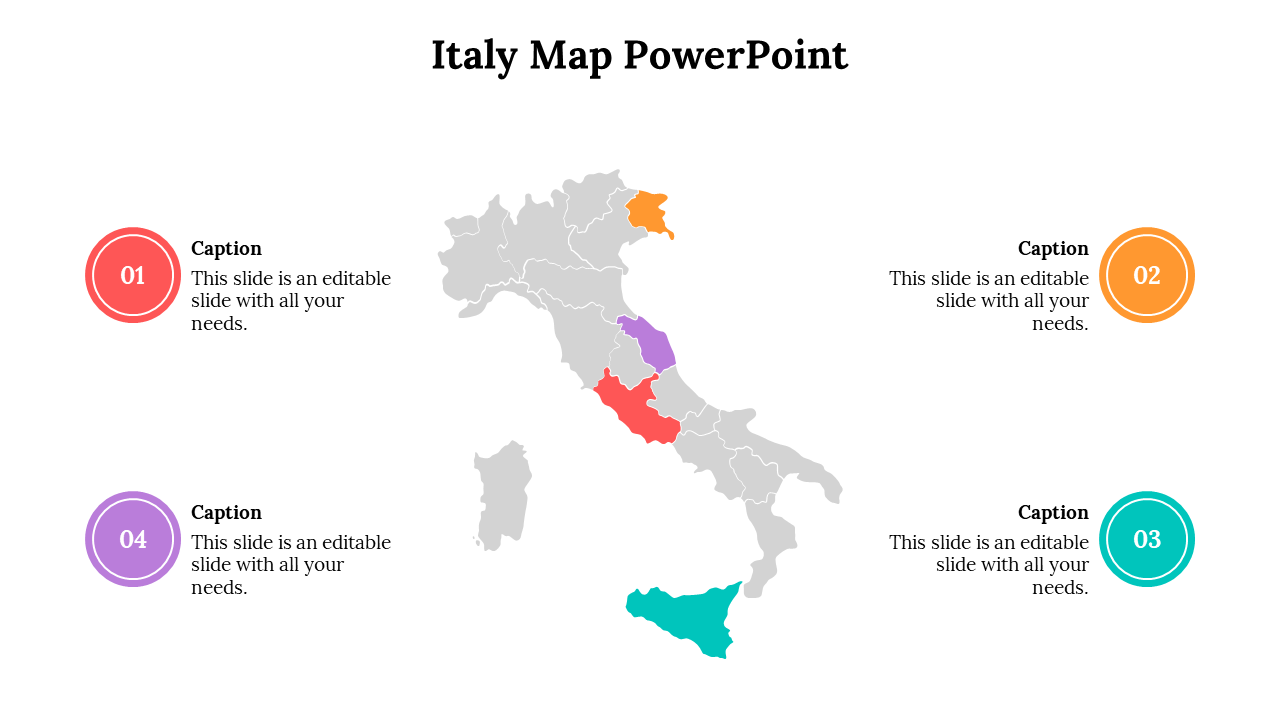 Central Italy map shows color coded areas linked to four numbered captions in red, orange, teal, and purple circles.