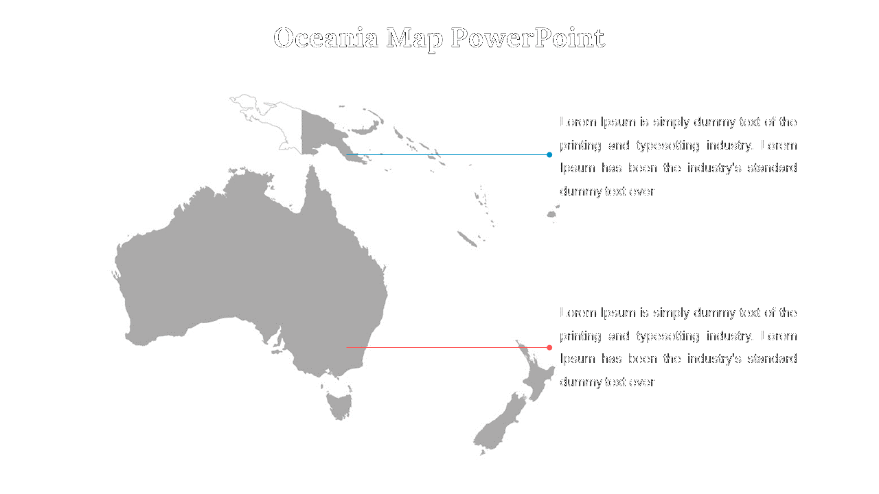 Gray toned Oceania map showing Australia and New Zealand, with blue and red lines pointing to side text blocks on the right.