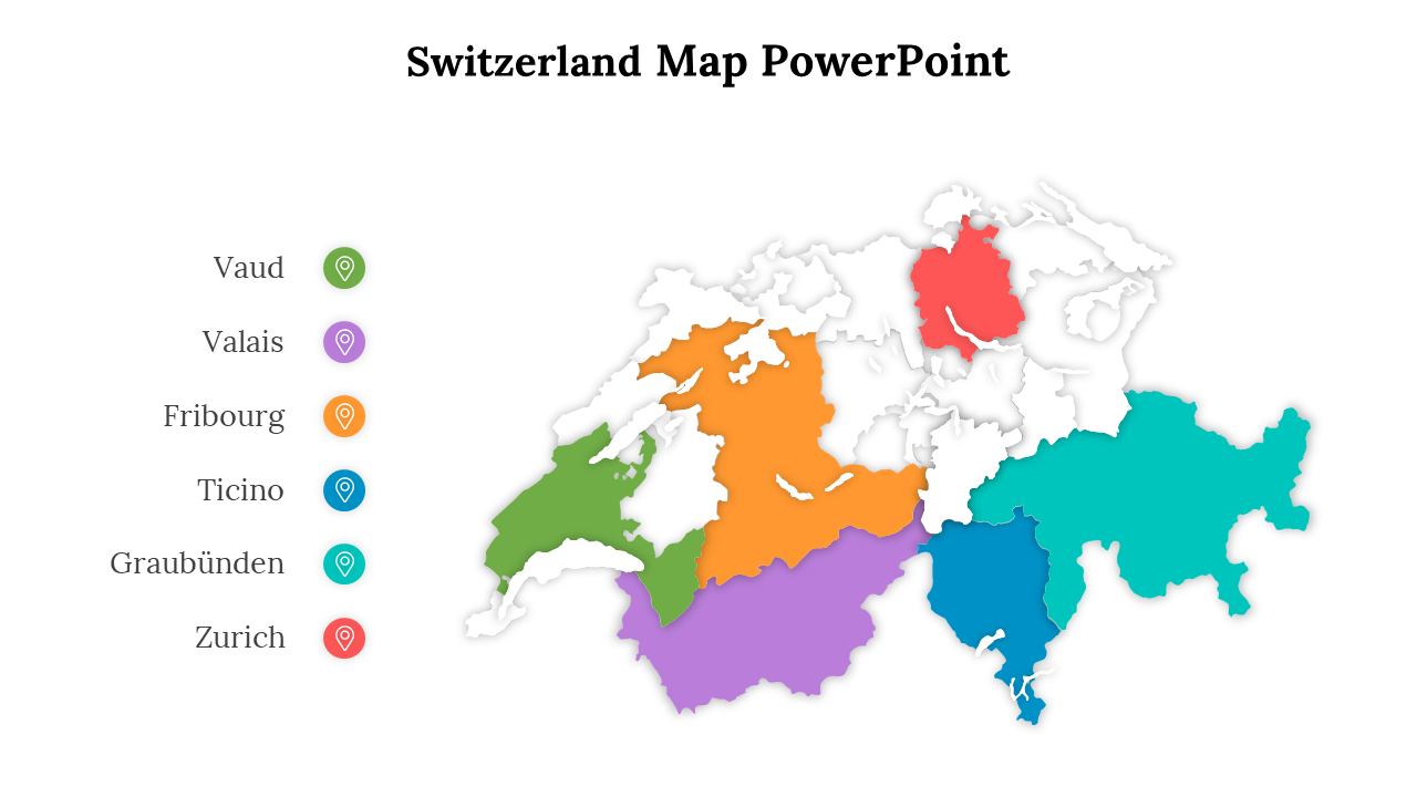 Colorful map with six bold regions in green, purple, orange, blue, teal, and red, labeled with icons and side legend.