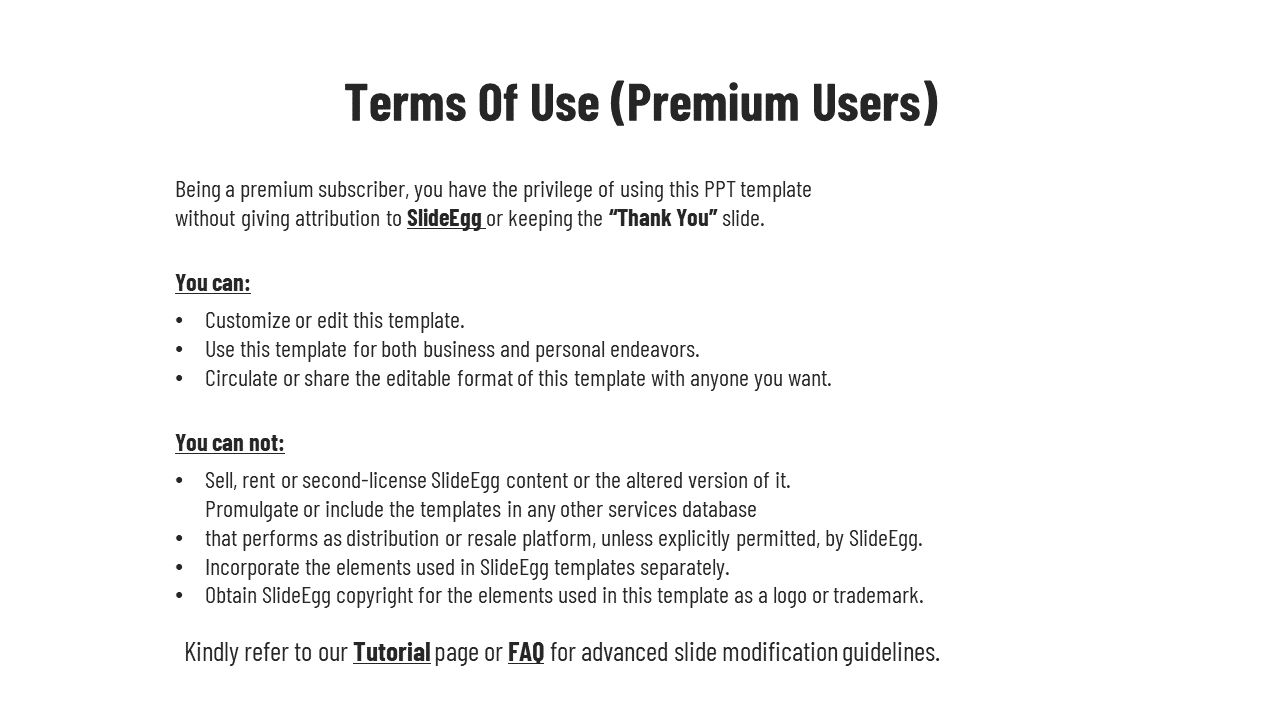 Clean terms slide for premium users with sections on allowed edits, restrictions, and links to help pages.