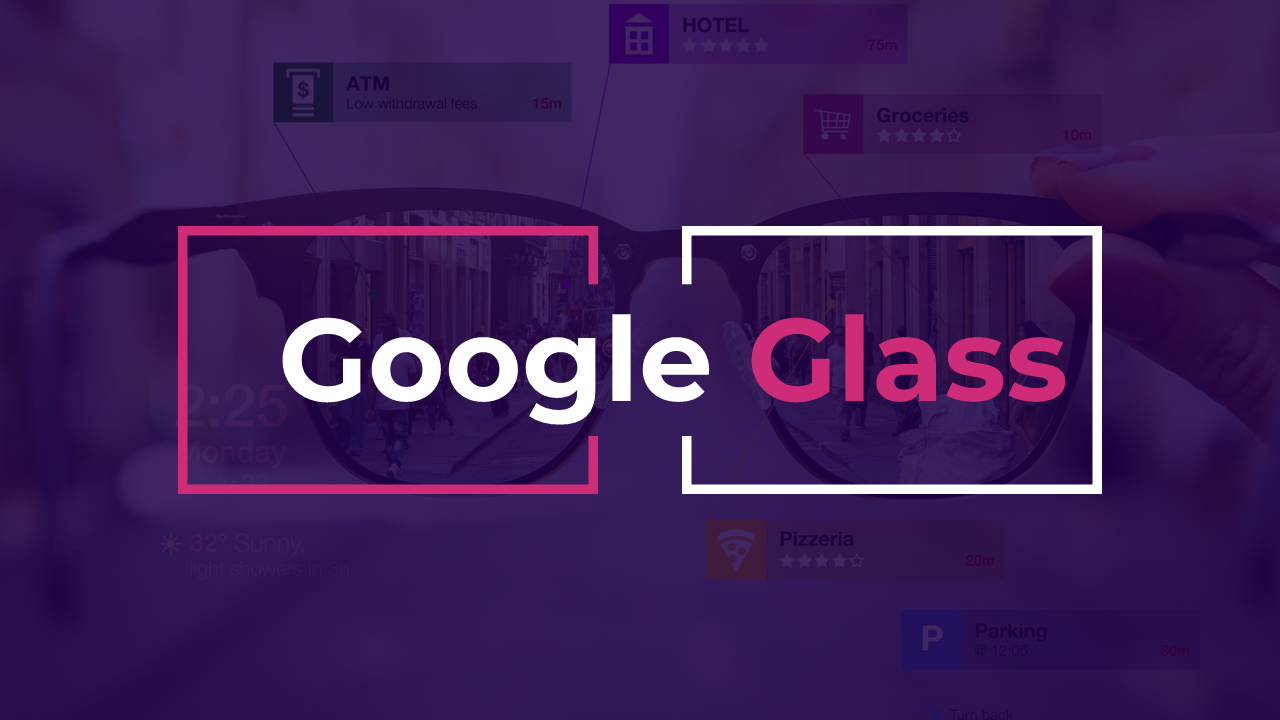 Pink and white frame featuring title and purple tinted image of a glass with digital icons and cityscape through the lenses.