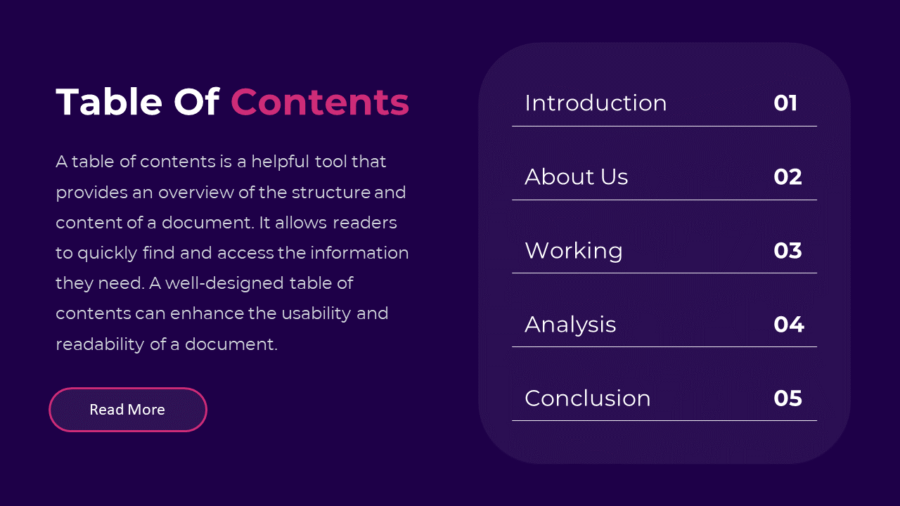 Purple background with a table of contents on the right, featuring white text, and a button with rounded corners below.