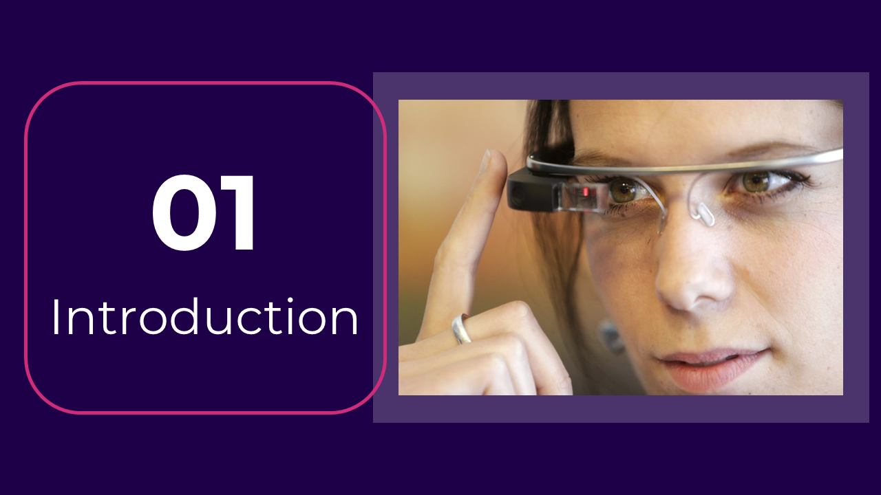 Woman adjusting Google glass on her face, and title in a pink bordered box on the left side of a purple background.