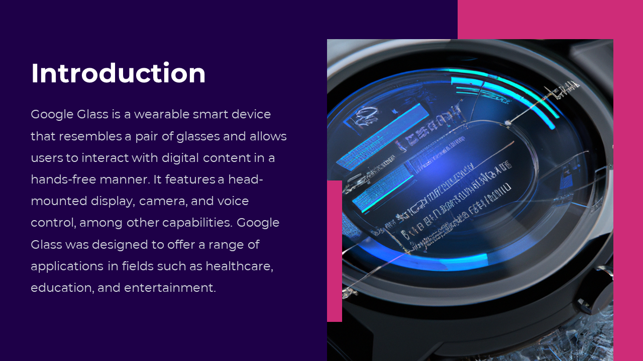 Dark purple and pink layout with a close up image of a futuristic digital display, and text on the left.