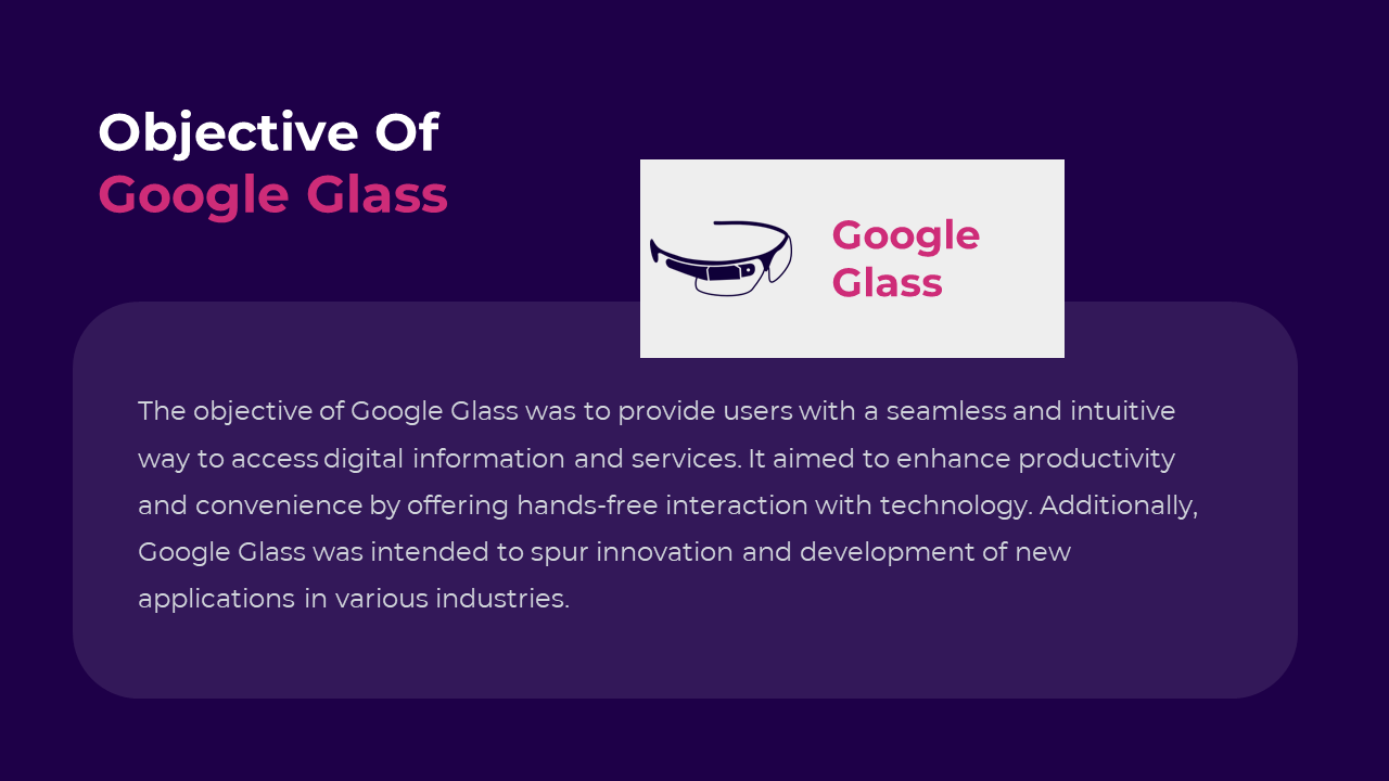 Purple background with the title in bold, and a white box containing the Google glass icon and a description rectangle below.