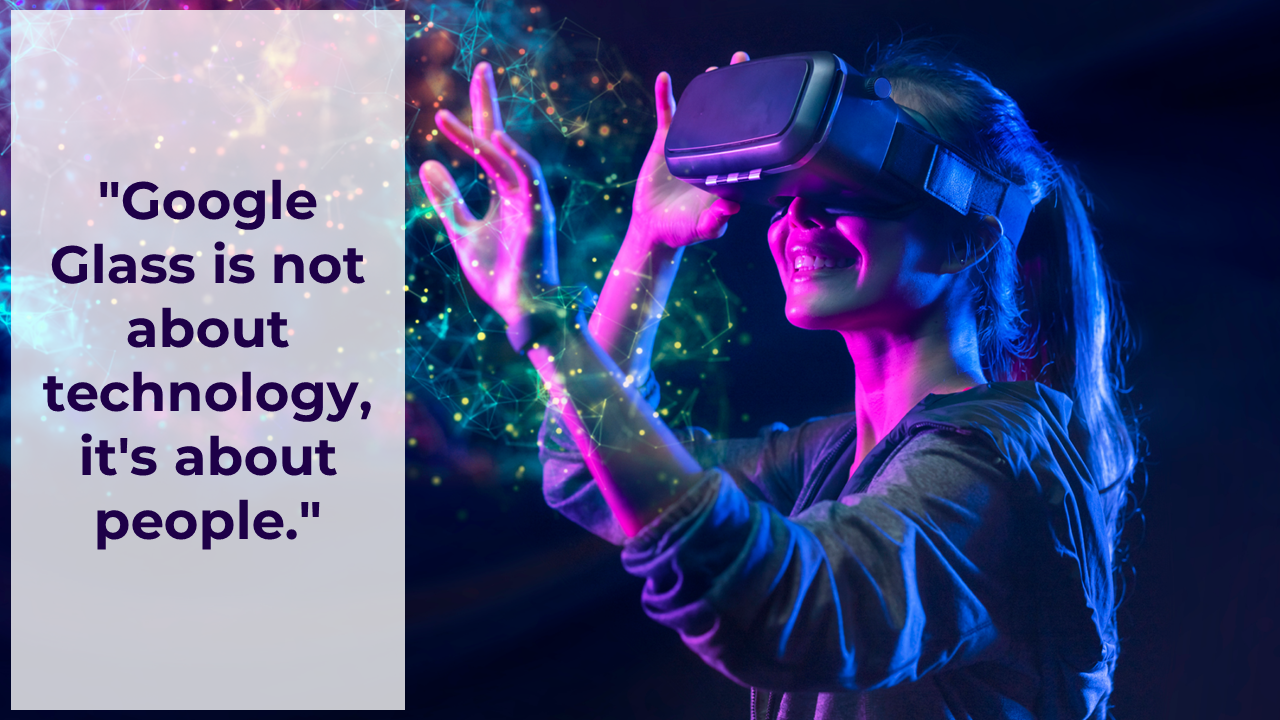 Woman wearing a VR headset with glowing purple and blue lights, with a gray quote box on the left.