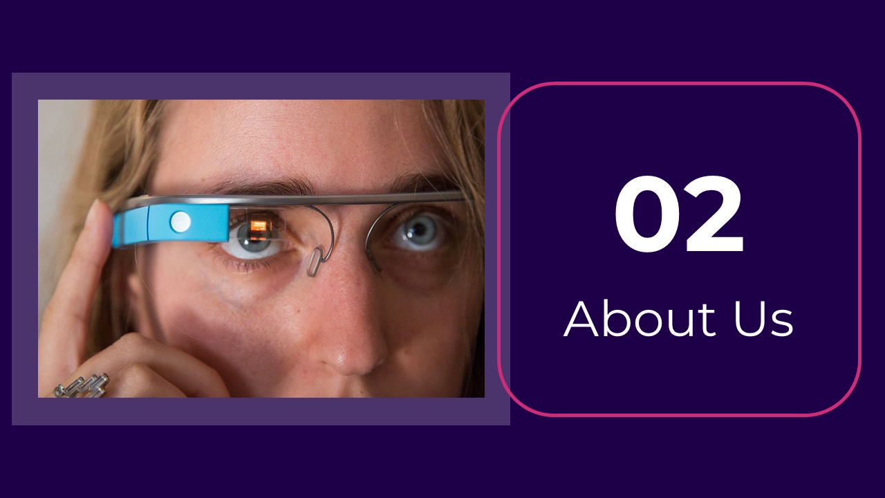 Purple background with a photo of a woman wearing Google glass, and a number highlighted in a pink outlined box.