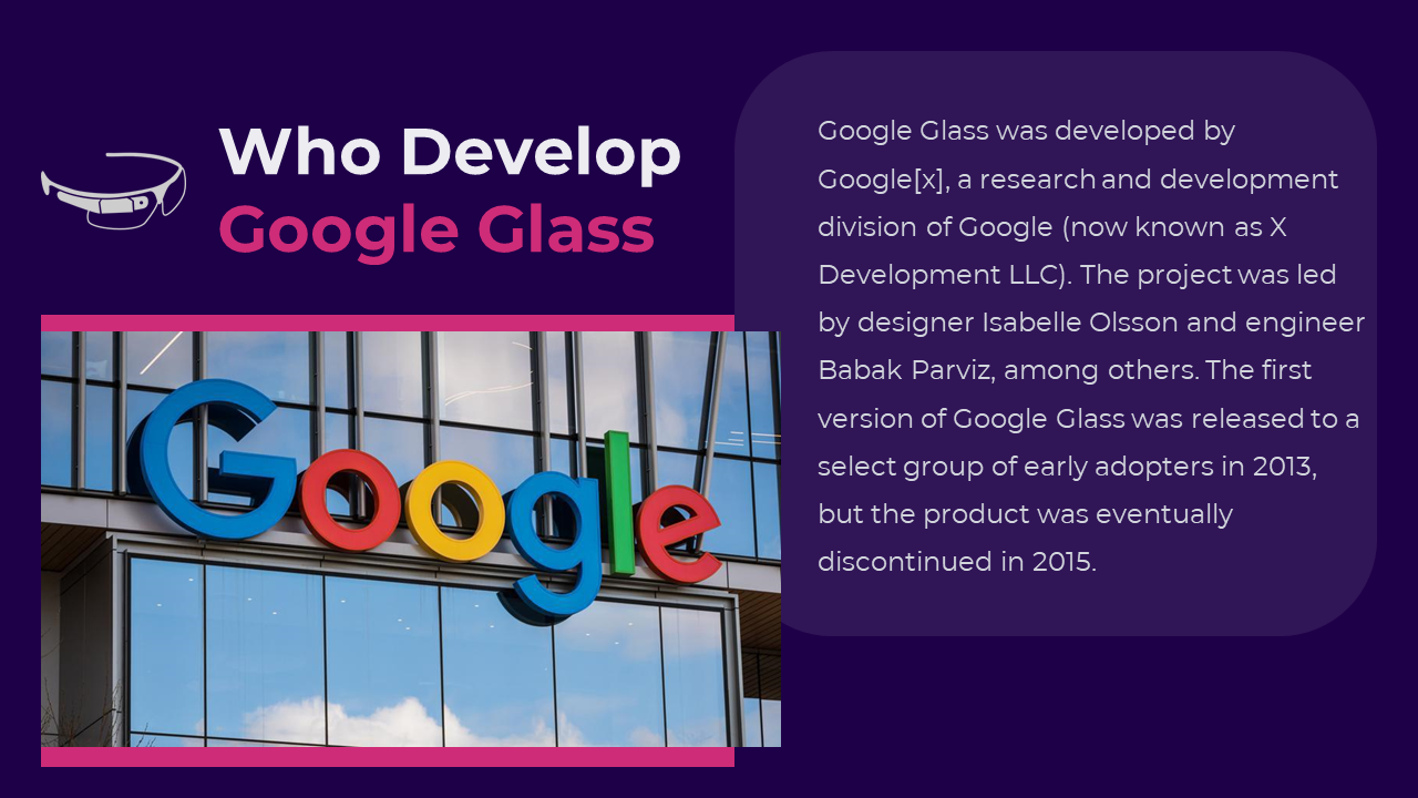 Photo of the Google logo displayed on a building, framed by pink accents, and a text box, set on a purple background.
