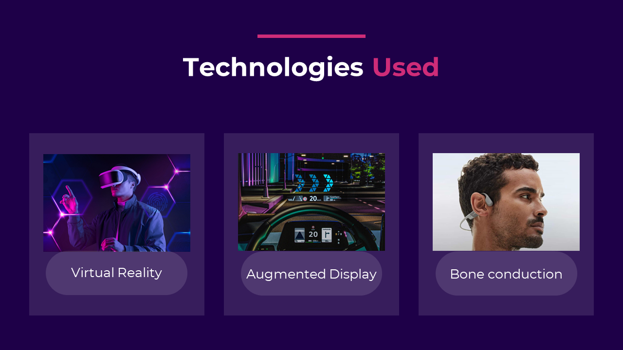 Three square frames aligned horizontally on a purple background, showcasing different technological devices in neon hues.