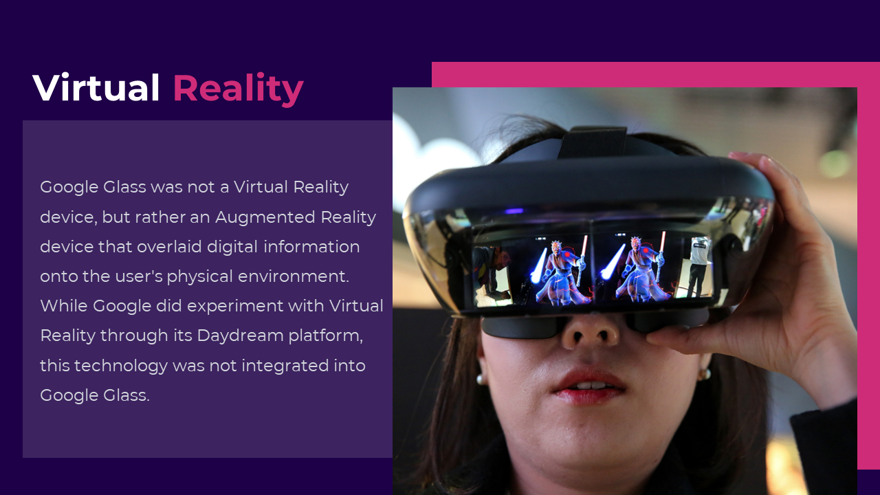 Slide showing a person using a VR headset with 3D visual effects inside the glasses, bordered by pink frames.