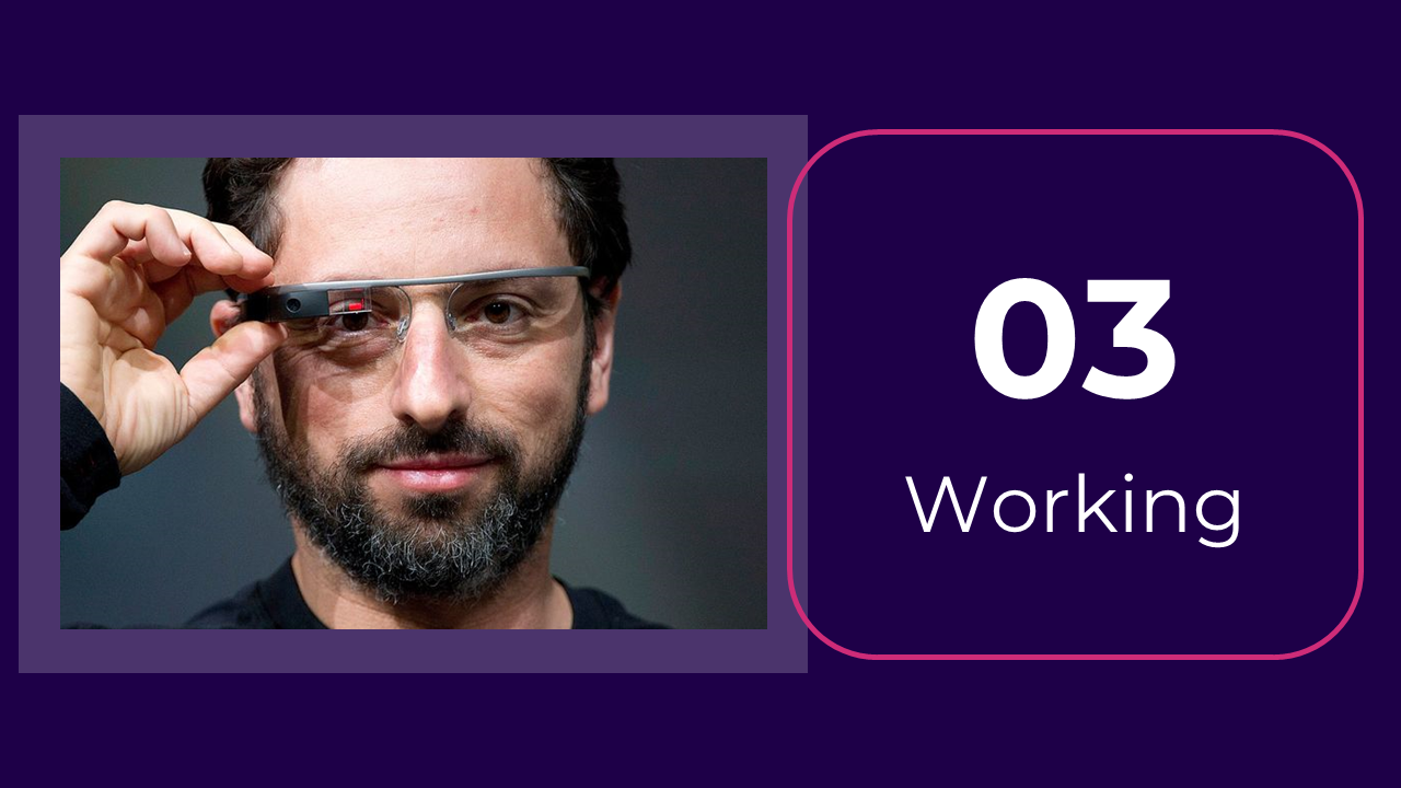 Slide with a person adjusting Google glass, and a pink framed square box highlighting a number, set on a purple backdrop.