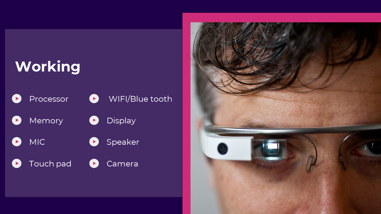 Slide showcasing a person with Google glass, framed by pink borders, and a list of features on the left purple backdrop.
