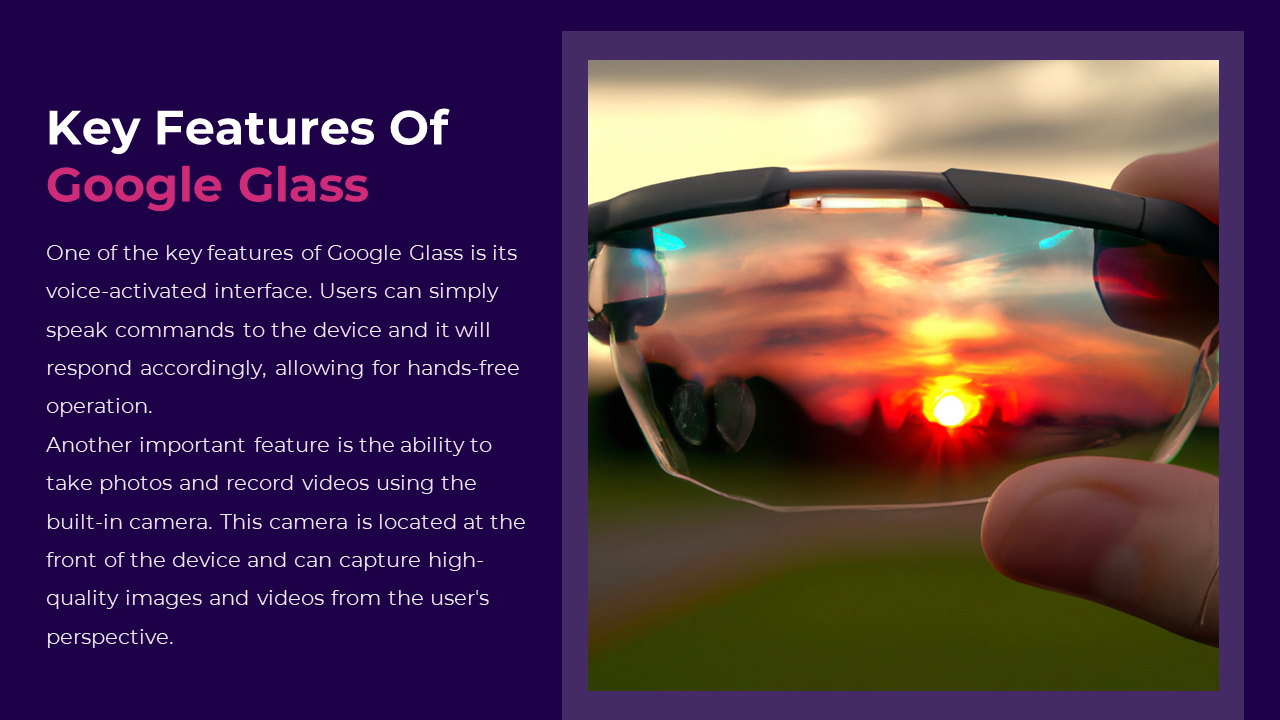 Slide showing a close up of Google glass with a sunset reflection, and text on the left, set against a purple background.