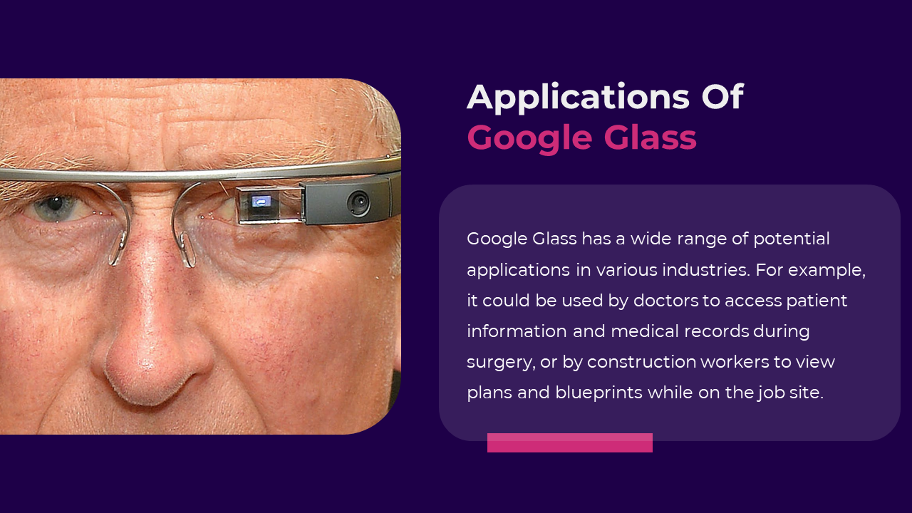 Close up of a person wearing Google glass, set against a purple background with contrasting pink framed text box.