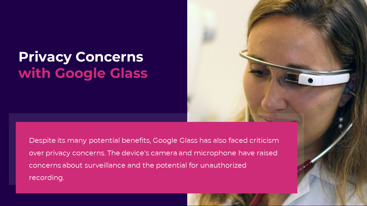 Slide with a woman wearing Google glass, set against a vibrant purple background with pink text box below.