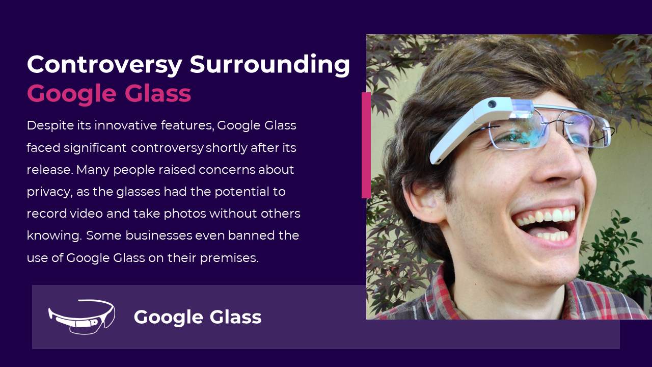 Slide featuring a man smiling while wearing Google glass, with purple and pink borders framing the image.