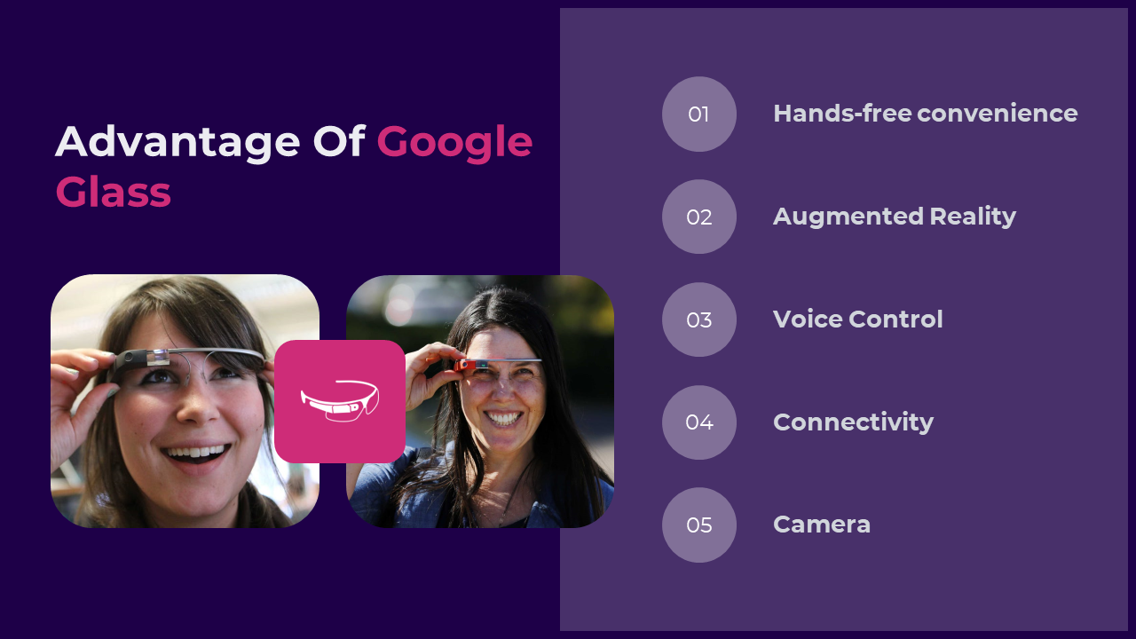 Two women wearing Google glass shown on the left, with a list of five advantages in circular lavender icons on the right.