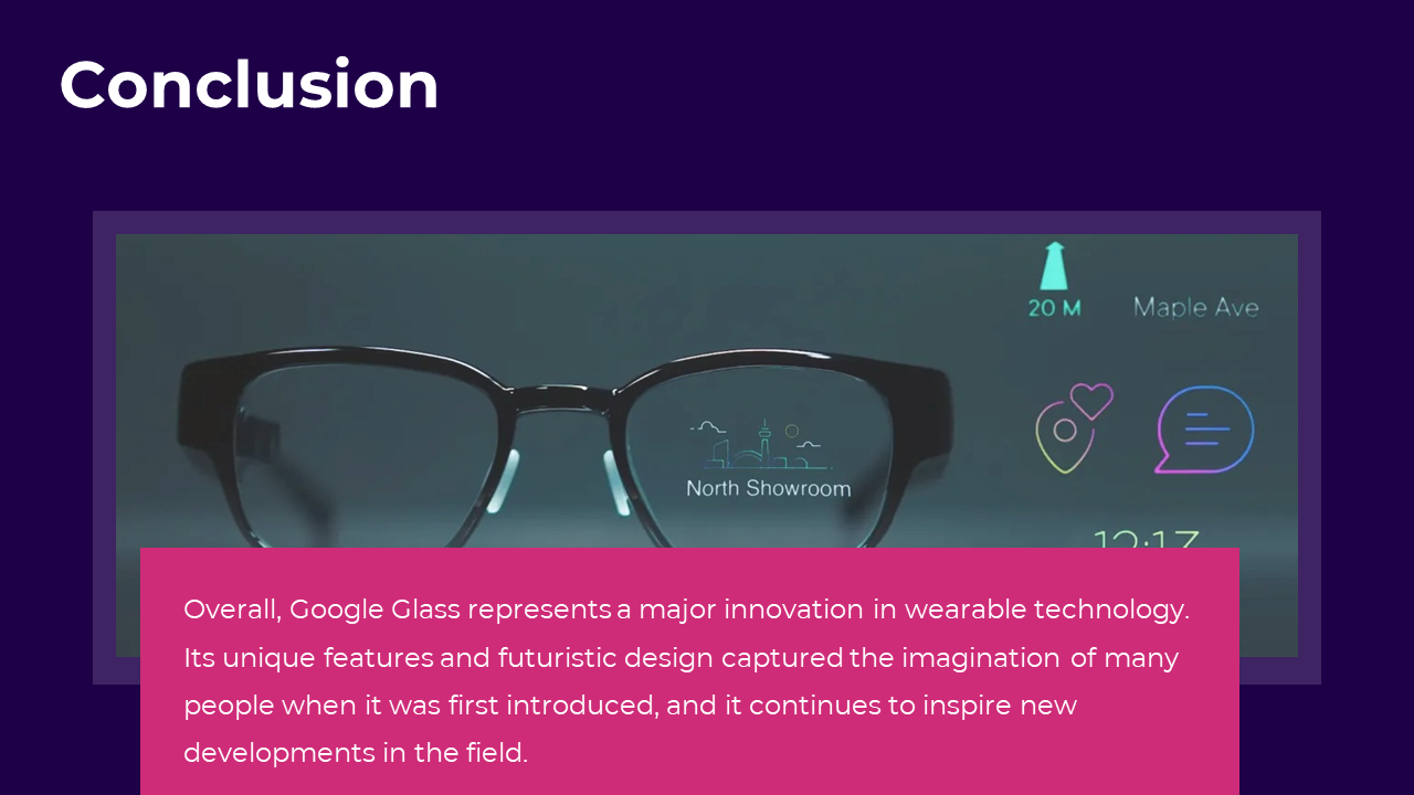 Smart glasses centered on a dark background with light blue interface icons and pink text box overlay at the bottom.