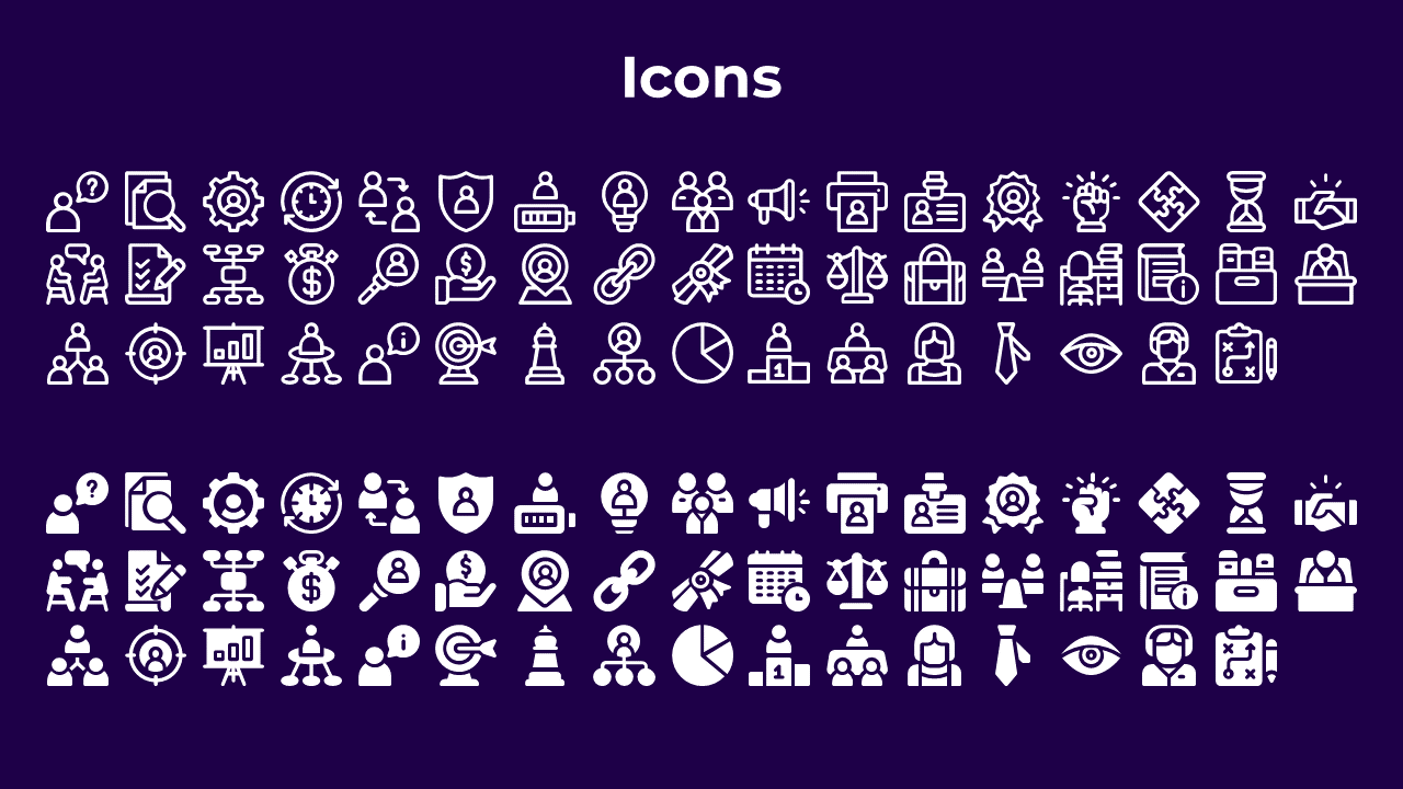 Collection of white icons in two styles of line and filled, featuring professional, office, and goal, on a purple background.