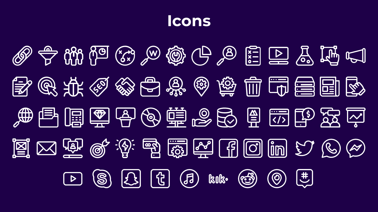 White line icon set featuring business, tech, communication, and social media symbols, on a purple backdrop.