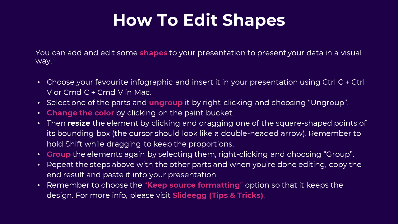 Tips slide on customizing shapes using ungrouping, color tools, resizing, and source formatting, set on a purple background.