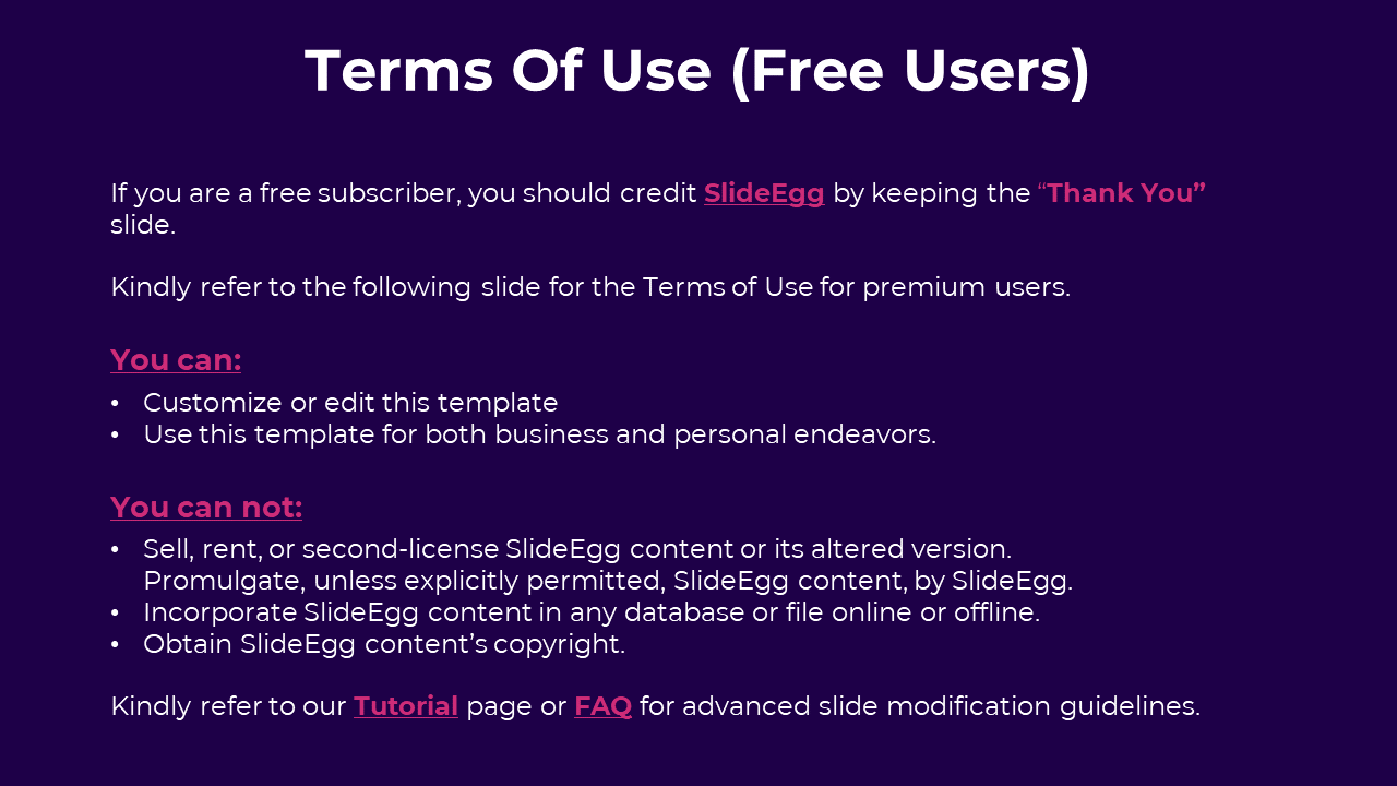 SlideEgg terms for free users with usage rights and restrictions in white text, on a purple background.