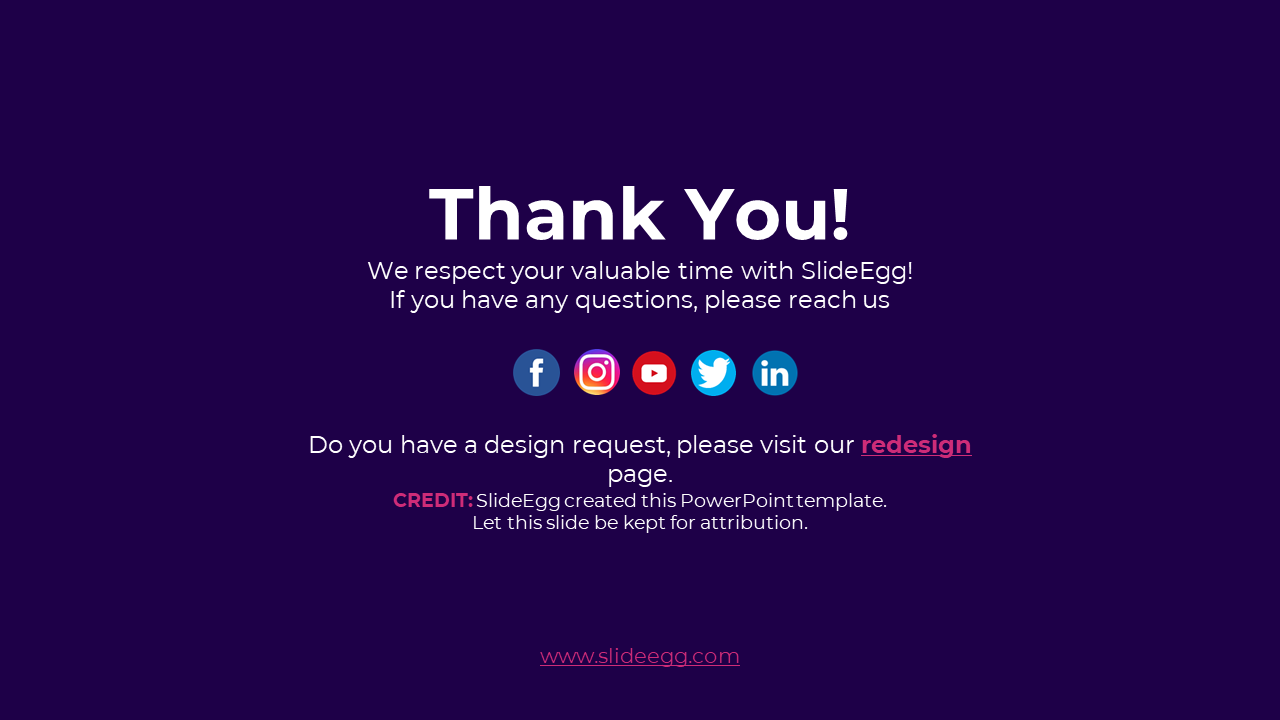 Centered thank you text with SlideEgg logo on top, five social media icons, and a credit link below, on a purple backdrop.